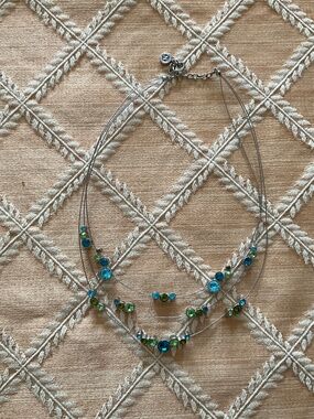 Vintage Napier 3 strand floating necklace.  Blue and green rhinestones.  EUC